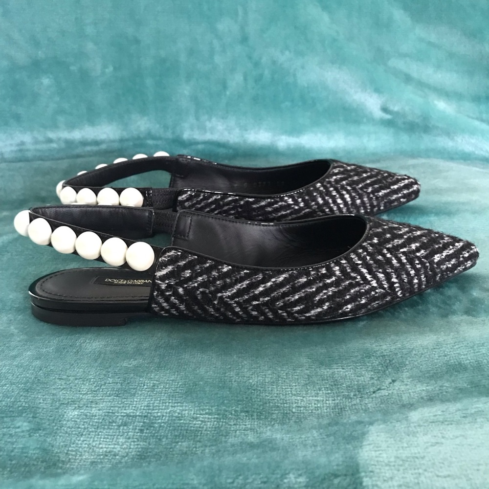 Dolce & Gabbana Black Chevron Pearls Flats Slingback Shoes